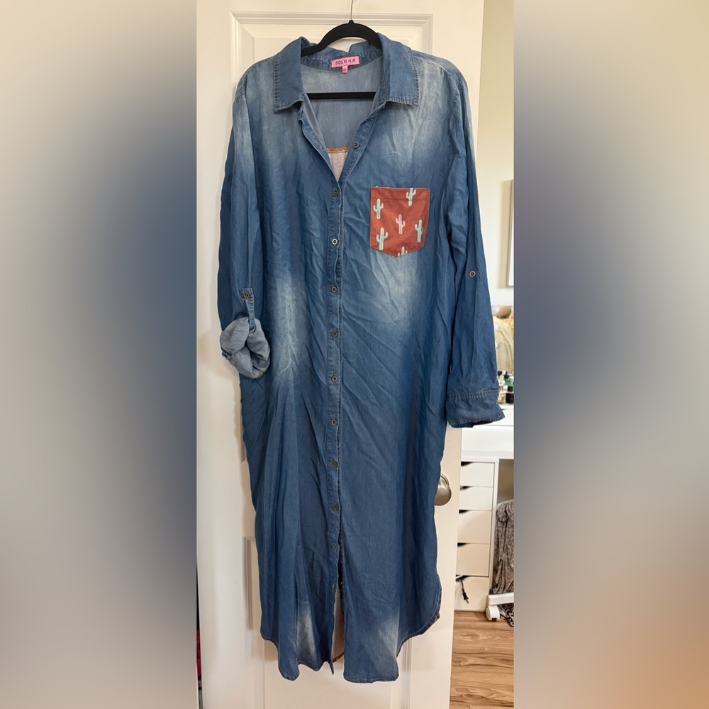 Blue Denim Long Shirt with Cactus Pocket